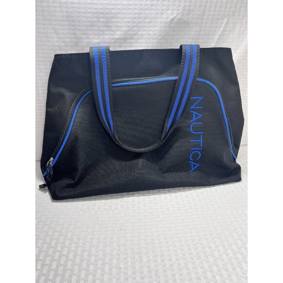 Nautica Canvas Black Tote bag with blue Logo-Double Straps and triiple zippers - Picture 1 of 10
